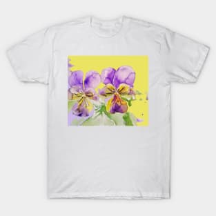 Viola Watercolor Purple Flower - violas On Yellow T-Shirt